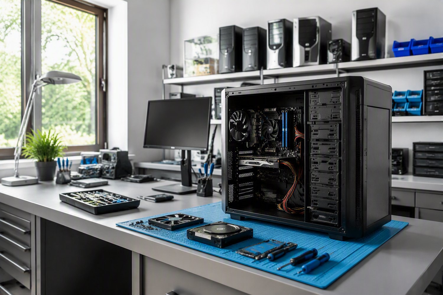 Offener Computer auf heller Werkbank
