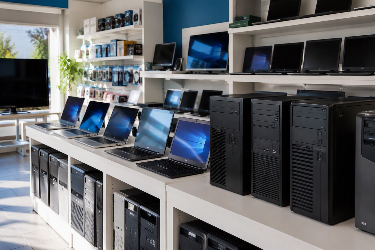 Computer und Laptops im hellen Verkaufsbereich