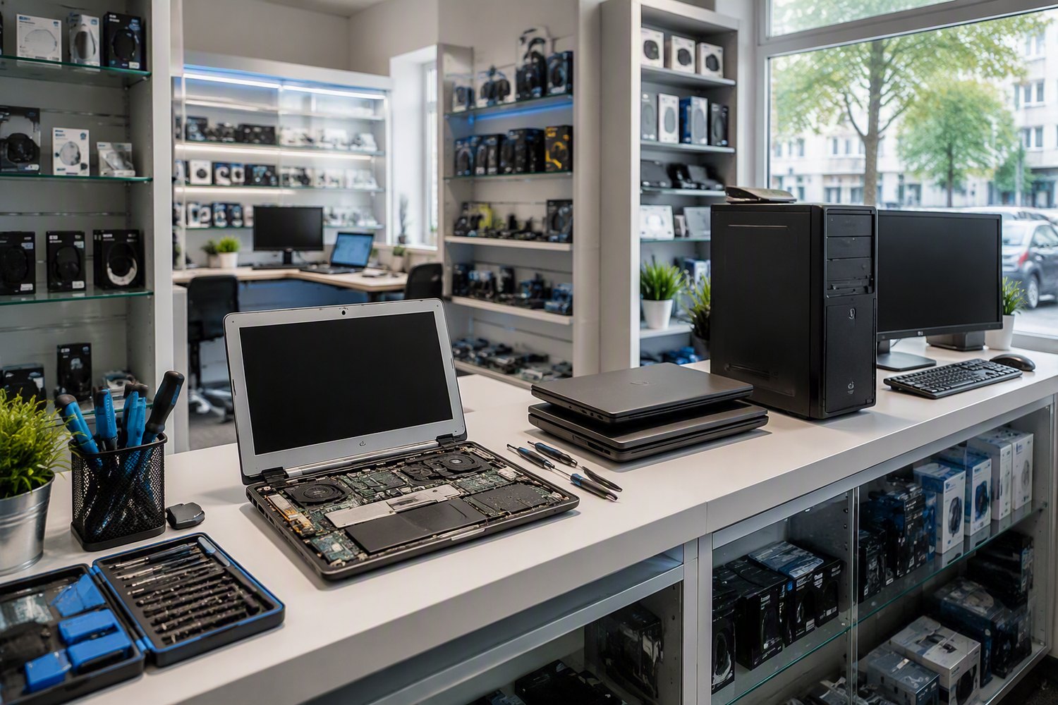 Heller IT-Shop mit Reparaturtresen und Computern