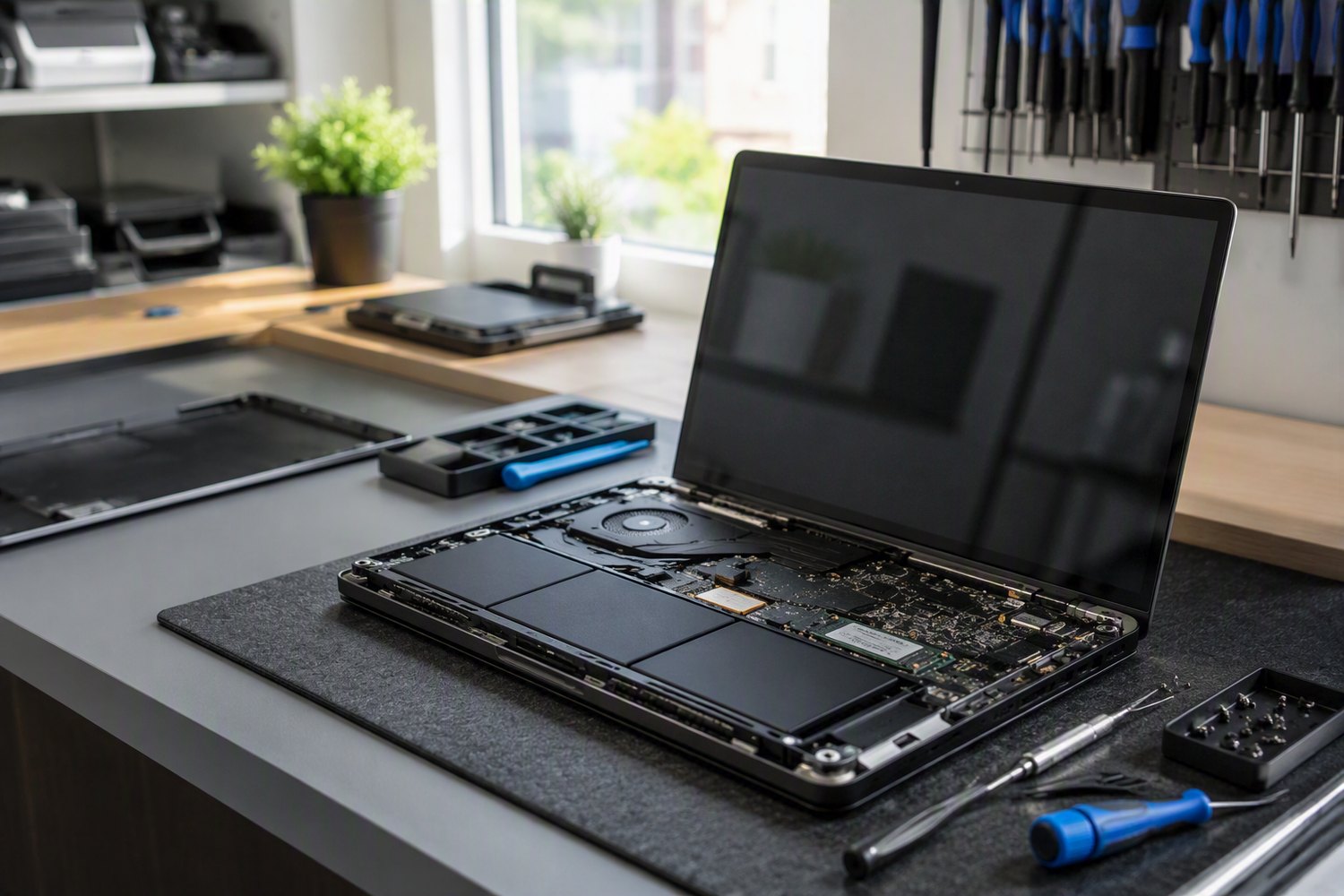 Geöffnetes Notebook auf heller Werkbank